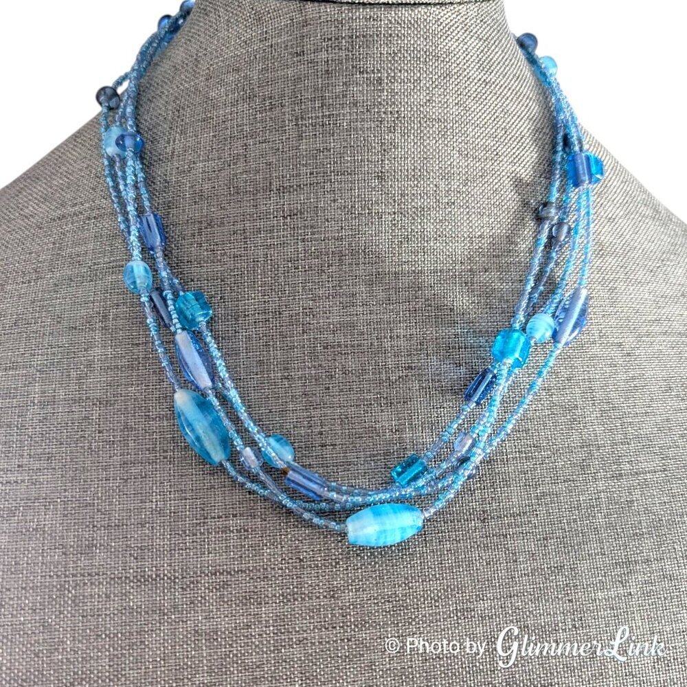 Bohemian Multi Strand Shades of Blue Glass Beaded Necklace